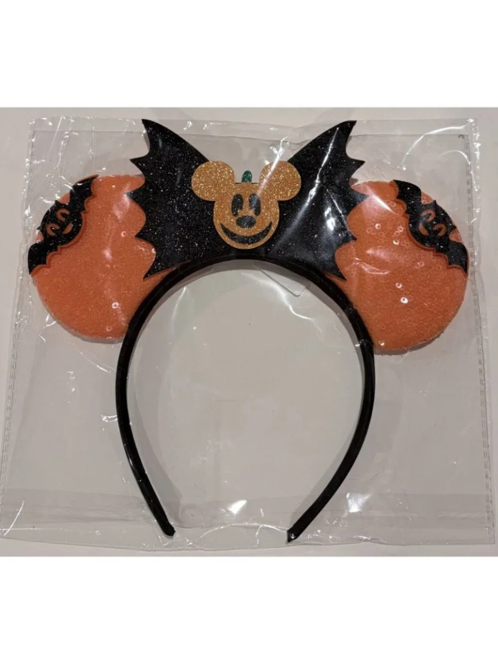 Disney Black/Orange HALLOWEEN BATS MICKEY MOUSE EARS Glittery Sequined Headband